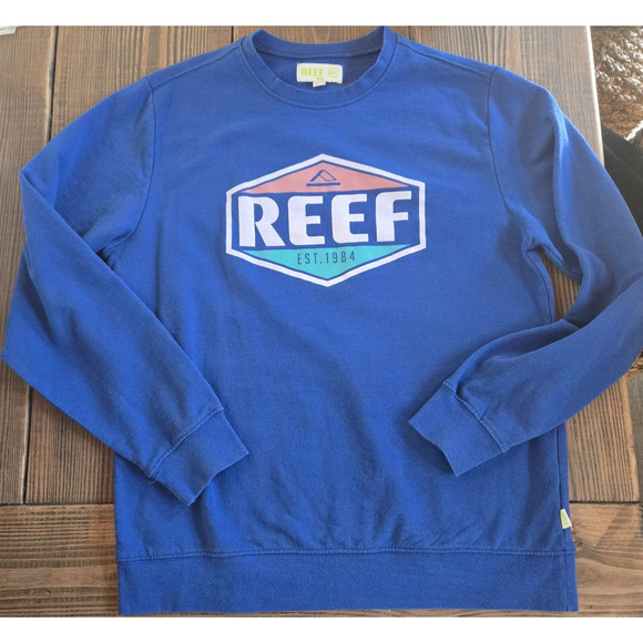 Reef Sweatshirt Medium Blue Crewneck Pullover Graphic Logo Surf Skate Streetwear - Picture 1 of 8